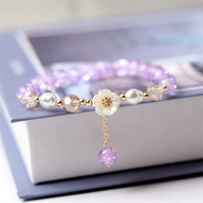 Korean White Flower Purple Beaded Bracelet for Women