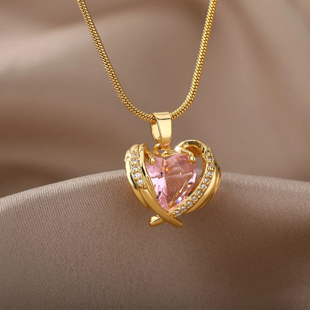 Pink CZ Heart Wings Necklace - Stainless Steel